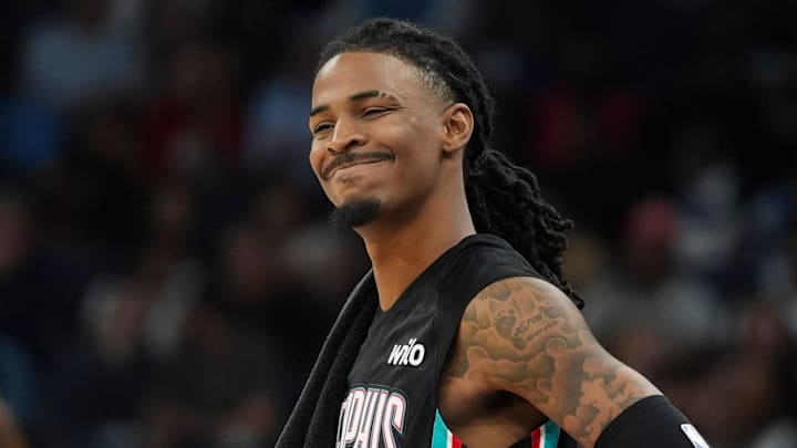 Grizzlies' Ja Morant (12) reacts during the home opener against the New Orleans Pelicans at FedExForum on October 22, 2025.