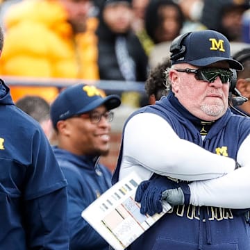 Blue Team head coach Wink Martindale watches a play during the spring game at Michigan Stadium in Ann Arbor on Saturday, April 20, 2024.