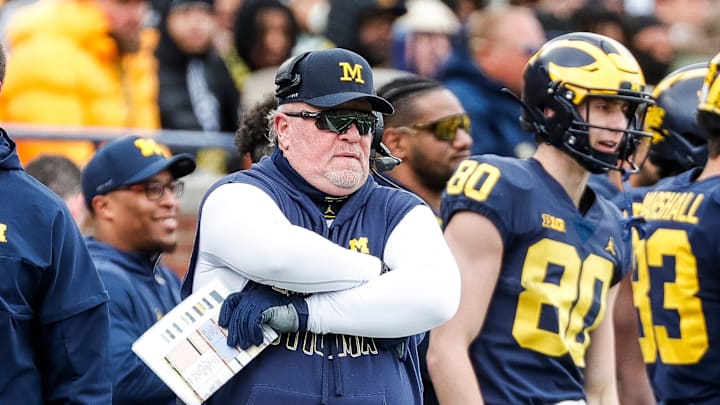 Blue Team head coach Wink Martindale watches a play during the spring game at Michigan Stadium in Ann Arbor on Saturday, April 20, 2024.