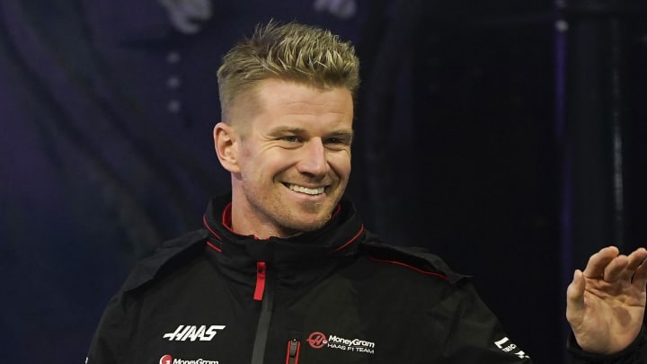 Nov 17, 2023; Las Vegas, Nevada, USA;  Moneygram Haas F1 driver Nico Hulkenberg (27) of Germany greets fans during opening interviews prior to practice 3 at the Las Vegas Strip Circuit. Mandatory Credit: Lucas Peltier-USA TODAY Sports