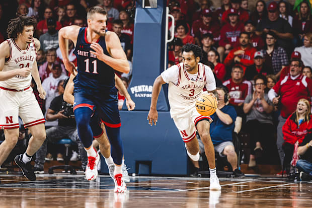 Nebraska men's basketball guard Brice Williams handles the ball against Saint Mary's at the Sanford Pentagon in Sioux Falls.