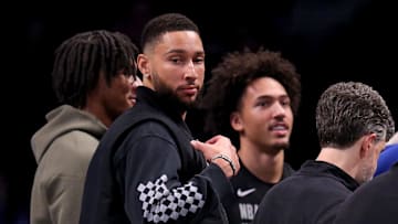 Nov 28, 2023; Brooklyn, New York, USA; Brooklyn Nets injured guard Ben Simmons (10) stands in the team huddle during a time out during the third quarter against the Toronto Raptors at Barclays Center. Mandatory Credit: Brad Penner-Imagn Images