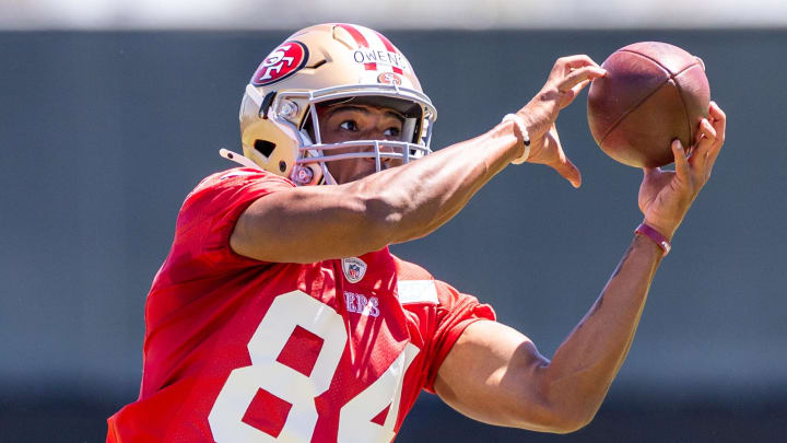 May 10, 2024; Santa Clara, CA, USA; San Francisco 49ers wide receiver Terique Owens (84) runs drills during the 49ers rookie minicamp at Levi’s Stadium in Santa Clara, CA. Mandatory Credit: Robert Kupbens-USA TODAY Sports