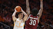 Mar 8, 2025; Knoxville, Tennessee, USA; Tennessee Volunteers forward Igor Milicic Jr. (7) looks to move the ball against South Carolina Gamecocks forward Collin Murray-Boyles (30) during the first half at Thompson-Boling Arena at Food City Center. Mandatory Credit: Randy Sartin-Imagn Images