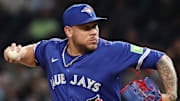 Aug 18, 2025; Pittsburgh, Pennsylvania, USA;  Toronto Blue Jays relief pitcher Yariel Rodriguez (29) pitches against the Pittsburgh Pirates during the sixth inning at PNC Park. Mandatory Credit: Charles LeClaire-Imagn Images