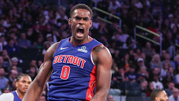 Apr 19, 2025; New York, New York, USA; Detroit Pistons center Jalen Duren (0) reacts after scoring against the New York Knicks in Game One of the First Round of the NBA Playoffs at Madison Square Garden. Mandatory Credit: Wendell Cruz-Imagn Images