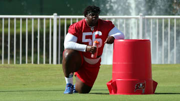 Jun 11, 2025; Tampa, FL, USA;  Tampa Bay Buccaneers defensive tackle Desmond Watson (56) works out at One Buc Place. Mandatory Credit: Kim Klement Neitzel-Imagn Images