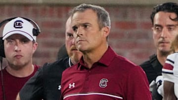 Sep 20, 2025; Columbia, Missouri, USA; South Carolina Gamecocks head coach Shane Beamer on the sidelines against the Missouri Tigers during the first half of the game at Faurot Field at Memorial Stadium. Mandatory Credit: Denny Medley-Imagn Images