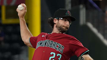 Aug 13, 2025; Arlington, Texas, USA; Arizona Diamondbacks starting pitcher Zac Gallen (23) throws to the plate during the second inning against the Texas Rangers at Globe Life Field. Mandatory Credit: Raymond Carlin III-Imagn Images