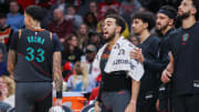 Jan 13, 2024; Atlanta, Georgia, USA; Washington Wizards guard Tyus Jones (5) on the bench against the Atlanta Hawks in the second half at State Farm Arena. 