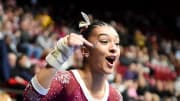 Mar 8, 2024; Tuscaloosa, Alabama, USA; Alabama gymnast Luisa Blanco knows she nailed her vault and was rewarded with a 10 during a quad meet with Illinois, Minnesota, and Talladega at Coleman Coliseum.