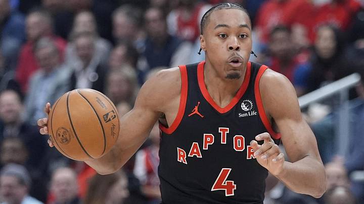 Apr 23, 2026; Toronto, Ontario, CAN; Toronto Raptors guard Scottie Barnes (4) drives to the basket against the Cleveland Cavaliers during the first half of game three of the first round of the 2026 NBA Playoffs at Scotiabank Arena. Mandatory Credit: John E. Sokolowski-Imagn Images