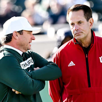 Michigan State's head coach Jonathan Smith, left, talks with Indiana's head coach Curt Cignetti before the game on Saturday, Nov. 2, 2024, at Spartan Stadium in East Lansing.