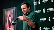 Michigan State coach Jonathan Smith talks the media on the first national signing day for college football recruits Wednesday, Dec. 4, 2024, at Spartan Stadium in East Lansing.