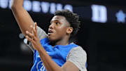Apr 4, 2025; San Antonio, TX, USA; Duke Blue Devils center Patrick Ngongba II (21) during a practice session for the Final Four of the 2025 NCAA tournament at Alamodome. Mandatory Credit: Robert Deutsch-Imagn Images