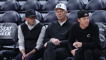 Feb 6, 2024; Salt Lake City, Utah, USA; From left to right, Utah Jazz general manager Justin Zanik,