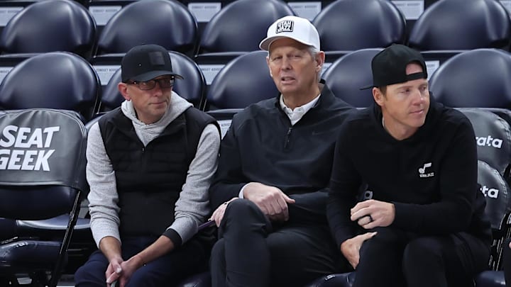 Feb 6, 2024; Salt Lake City, Utah, USA; From left to right, Utah Jazz general manager Justin Zanik,