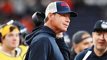 Nov 23, 2024; Syracuse, New York, USA; Connecticut Huskies head coach Jim Mora on the sidelines in the second quarter against the Syracuse Orange at the JMA Wireless Dome. Mandatory Credit: Mark Konezny-Imagn Images