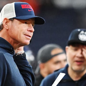 Nov 23, 2024; Syracuse, New York, USA; Connecticut Huskies head coach Jim Mora on the sidelines in the second quarter against the Syracuse Orange at the JMA Wireless Dome. Mandatory Credit: Mark Konezny-Imagn Images