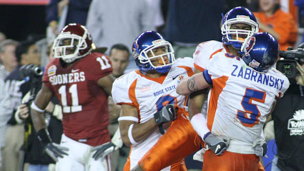 Boise State wide receiver Jerard Rabb celebrates after scoring and tying the game against Oklahoma in the 2007 Fiesta Bowl.