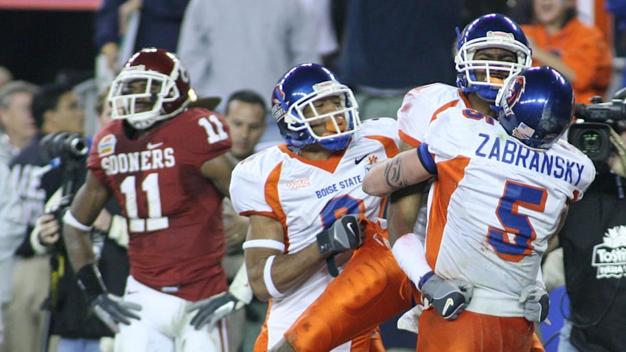 Boise State wide receiver Jerard Rabb celebrates after scoring and tying the game against Oklahoma in the 2007 Fiesta Bowl.