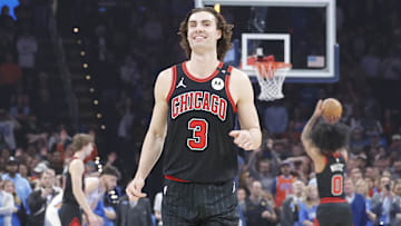 Mar 31, 2025; Oklahoma City, Oklahoma, USA;  Chicago Bulls guard Josh Giddey (3) runs down the court smiling during free throws against the Oklahoma City Thunder during the first quarter at Paycom Center. Mandatory Credit: Alonzo Adams-Imagn Images