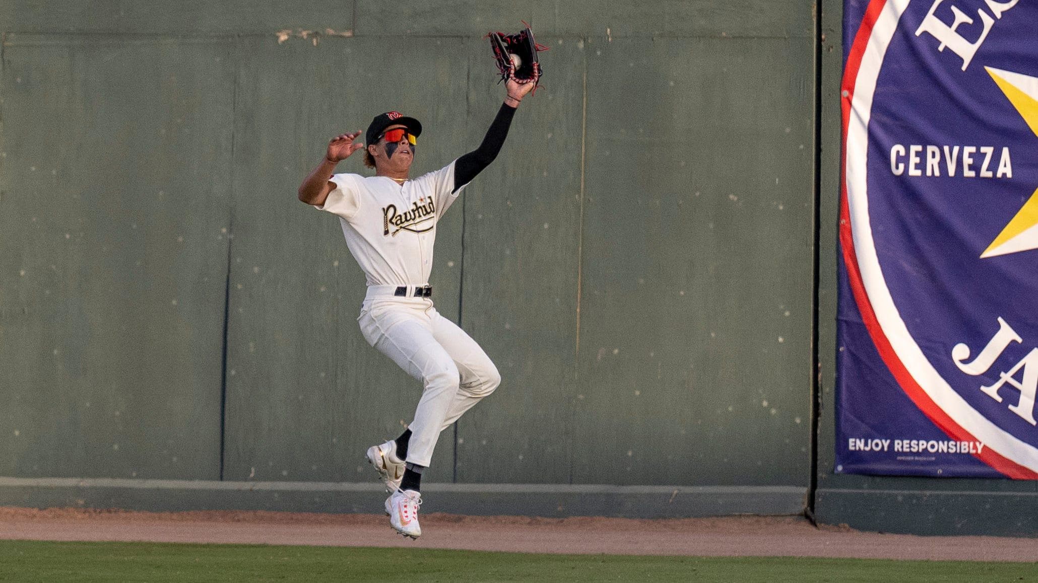 Visalia Rawhide's Druw Jones fields a hit ball against Tuesday, April 11, 2023 against the Rancho Cucamonga Quakes of the Los Angeles Dodgers organization.