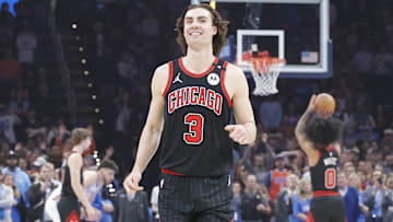 Mar 31, 2025; Oklahoma City, Oklahoma, USA;  Chicago Bulls guard Josh Giddey (3) runs down the court smiling during free throws against the Oklahoma City Thunder during the first quarter at Paycom Center. Mandatory Credit: Alonzo Adams-Imagn Images
