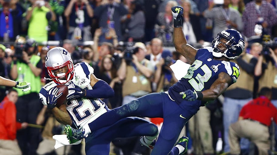 New England Patriots strong safety Malcolm Butler intercepts a pass against the Seahawks in Super Bowl XLIX.