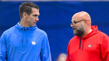 Jun 17, 2025; East Rutherford, NJ, USA; New York Giants general manager Joe Schoen (left) and head coach Brian Daboll talk during minicamp at Quest Diagnostics Training Center. Mandatory Credit: John Jones-Imagn Images