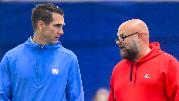 Jun 17, 2025; East Rutherford, NJ, USA; New York Giants general manager Joe Schoen (left) and head coach Brian Daboll talk during minicamp at Quest Diagnostics Training Center. Mandatory Credit: John Jones-Imagn Images