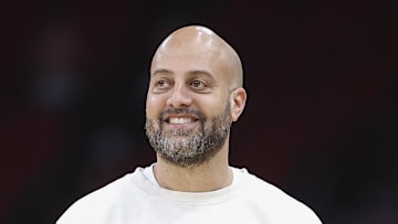 Feb 23, 2024; Houston, Texas, USA; Houston Rockets general manager Rafael Stone smiles before the game against the Phoenix Suns at Toyota Center. Mandatory Credit: Troy Taormina-Imagn Images