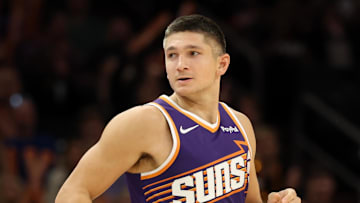 Nov 10, 2025; Phoenix, Arizona, USA; Phoenix Suns guard Grayson Allen (8) against the New Orleans Pelicans in the second half at the Mortgage Matchup Center. Mandatory Credit: Mark J. Rebilas-Imagn Images