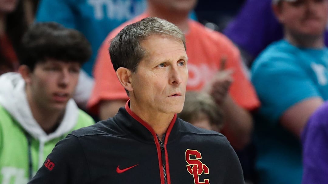 Feb 8, 2026; University Park, Pennsylvania, USA; Southern California Trojans head coach Eric Musselman looks on from the bench during the second half against the Penn State Nittany Lions at Bryce Jordan Center. Mandatory Credit: Matthew O'Haren-Imagn Images