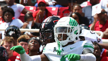 Sep 14, 2024; Lubbock, Texas, USA;  North Texas Mean Green defensive back Brian Nelson (4) signals in the second half during the game against the Texas Tech Red Raiders at Jones AT&T Stadium and Cody Campbell Field. Mandatory Credit: Michael C. Johnson-Imagn Images
