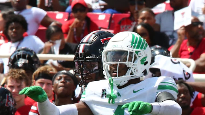 Sep 14, 2024; Lubbock, Texas, USA;  North Texas Mean Green defensive back Brian Nelson (4) signals in the second half during the game against the Texas Tech Red Raiders at Jones AT&T Stadium and Cody Campbell Field. Mandatory Credit: Michael C. Johnson-Imagn Images