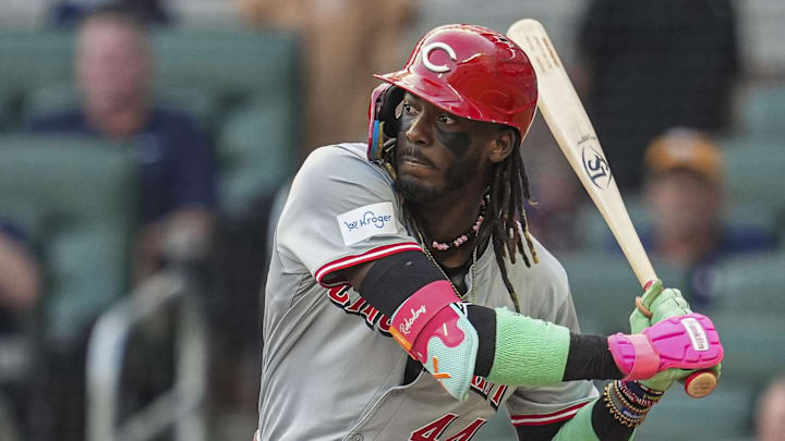 Sep 9, 2024; Cumberland, Georgia, USA; Cincinnati Reds shortstop Elly De La Cruz (44) bats against the Atlanta Braves during the first inning at Truist Park. Mandatory Credit: Dale Zanine-Imagn Images