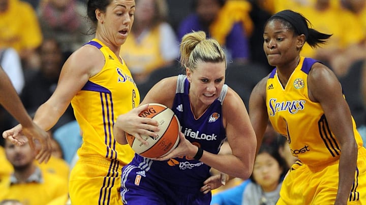 Sep 19, 2013; Los Angeles, CA, USA; Los Angeles Sparks guard Jenna O'Hea (6) and forward Alana Beard (0) guard Phoenix Mercury forward Penny Taylor (13) in the second half of game 1 of the Western Conference semi-finals at Staples Center. Phoenix won 86-75. Mandatory Credit: Jayne Kamin-Oncea-Imagn Images Sep 19, 2013; Los Angeles, CA, USA; Los Angeles Sparks guard Jenna O'Hea (6) and forward Alana Beard (0) guard Phoenix Mercury forward Penny Taylor (13) in the second half of game 1 of the Western Conference semi-finals at Staples Center. Phoenix won 86-75. Mandatory Credit: Jayne Kamin-Oncea-Imagn Images