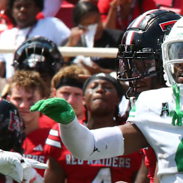 Sep 14, 2024; Lubbock, Texas, USA;  North Texas Mean Green defensive back Brian Nelson (4) signals in the second half during the game against the Texas Tech Red Raiders at Jones AT&T Stadium and Cody Campbell Field. Mandatory Credit: Michael C. Johnson-Imagn Images