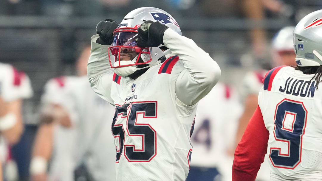 Dec 18, 2022; Paradise, Nevada, USA; New England Patriots linebacker Joshua Uche (55) celebrates after getting a sack against the Las Vegas Raiders during the second half at Allegiant Stadium. Mandatory Credit: Stephen R. Sylvanie-USA TODAY Sports