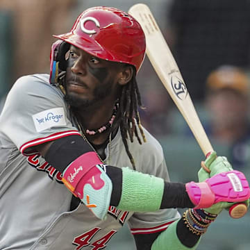 Sep 9, 2024; Cumberland, Georgia, USA; Cincinnati Reds shortstop Elly De La Cruz (44) bats against the Atlanta Braves during the first inning at Truist Park. Mandatory Credit: Dale Zanine-Imagn Images