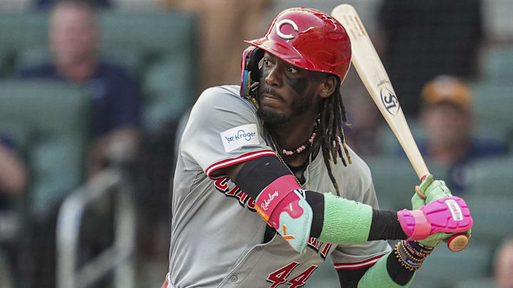 Sep 9, 2024; Cumberland, Georgia, USA; Cincinnati Reds shortstop Elly De La Cruz (44) bats against the Atlanta Braves during the first inning at Truist Park. Mandatory Credit: Dale Zanine-Imagn Images