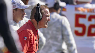 Nov 24, 2024; Charlotte, North Carolina, USA; Kansas City Chiefs defensive coordinator Steve Spagnuolo during the first quarter against the Carolina Panthers at Bank of America Stadium.