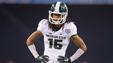 Jan 1, 2015; Arlington, TX, USA; Michigan State Spartans cornerback Trae Waynes (15) during the game against the Baylor Bears in the 2015 Cotton Bowl Classic at AT&T Stadium. The Spartans defeated the Bears 42-41. Mandatory Credit: Jerome Miron-Imagn Images