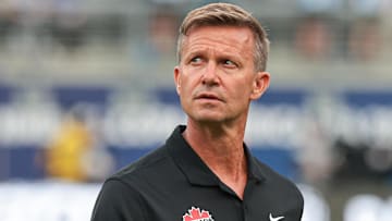 Jul 9, 2024; East Rutherford, NJ, USA; Canada head coach Jesse Marsch walks on the pitch before the match against Argentina at Metlife Stadium. Mandatory Credit: Vincent Carchietta-Imagn Images