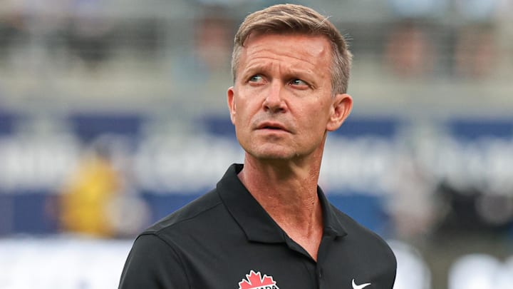 Jul 9, 2024; East Rutherford, NJ, USA; Canada head coach Jesse Marsch walks on the pitch before the match against Argentina at Metlife Stadium. Mandatory Credit: Vincent Carchietta-Imagn Images