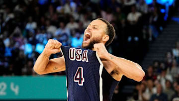 United States shooting guard Stephen Curry (4) celebrates in the second half against France in the men's basketball gold medal game during the Paris 2024 Olympic Summer Games at Accor Arena on Aug. 10, 2024.