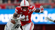 Nebraska running back Emmett Johnson totaled 1,821 yards and 15 touchdowns in 2025 before declaring for the NFL Draft.