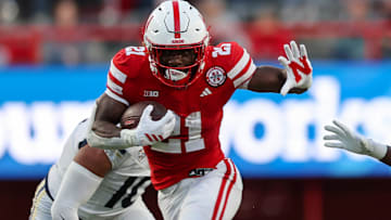 Nebraska running back Emmett Johnson totaled 1,821 yards and 15 touchdowns in 2025 before declaring for the NFL Draft.