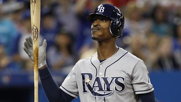 August 30, 2012; Toronto, ON, CANADA; Tampa Bay Rays center fielder BJ Upton (2) reacts after being called out on strikes in the third inning against the Toronto Blue Jays at the Rogers Centre. Mandatory Credit: John E. Sokolowski-Imagn Images